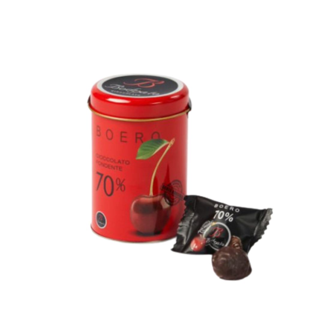 Bodrato Boeri Grappa Cherries in Dark Chocolate in Red Tin HOL-048