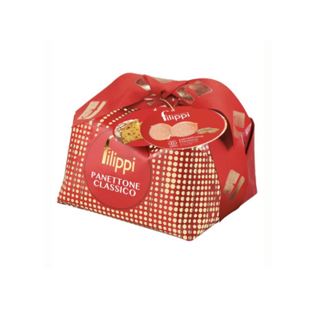 Filippi Classic Panettone wrapped in Red and Gold Paper with Red Ribbon FLL 001